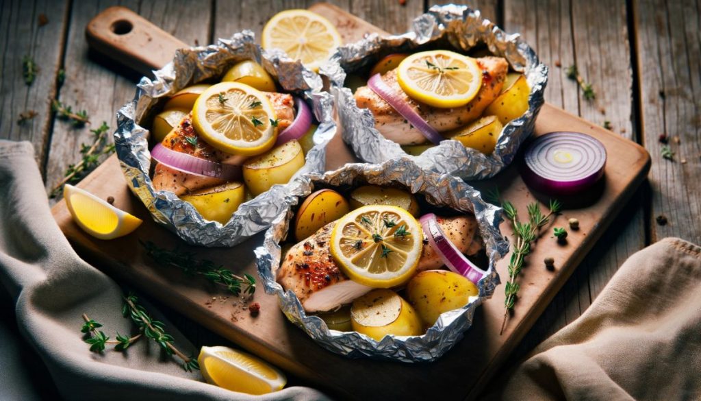 4 foil packets of lemon chicken and potatoes