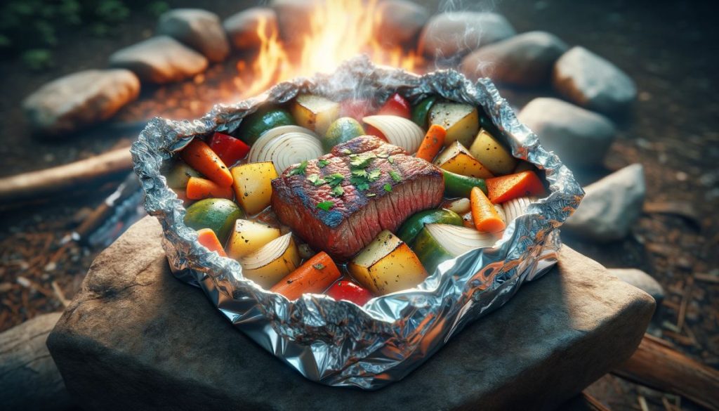 campfire cooking scene steak and veggies foil packet