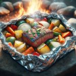 campfire cooking scene steak and veggies foil packet