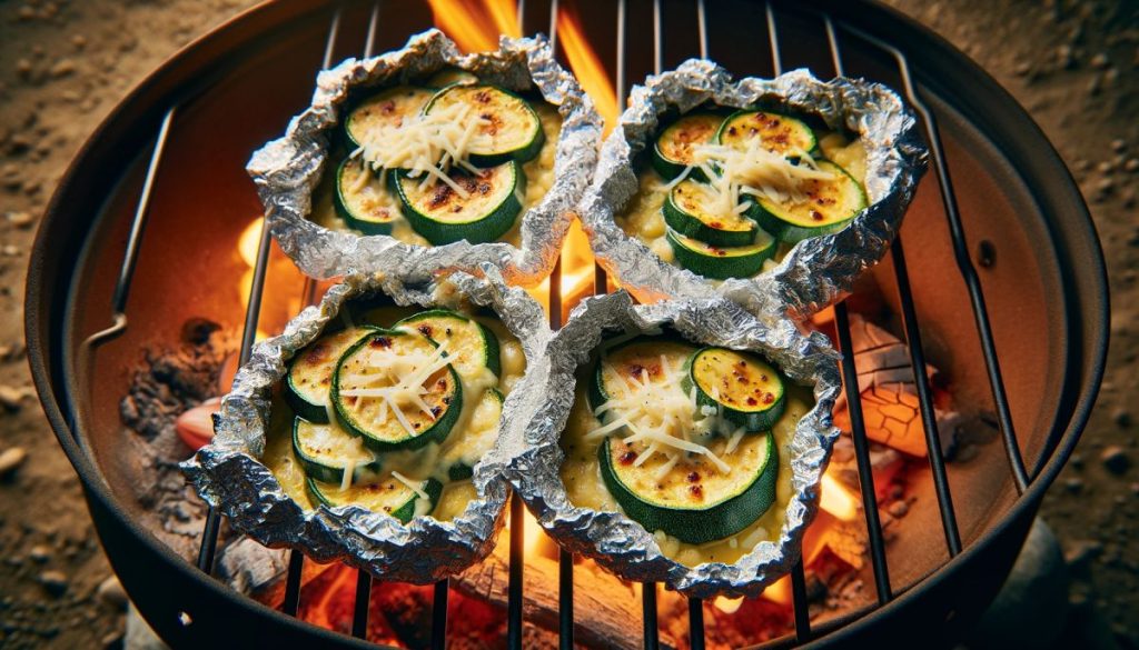 four foil packets on a campfire grill containing Zucchini Parmesan