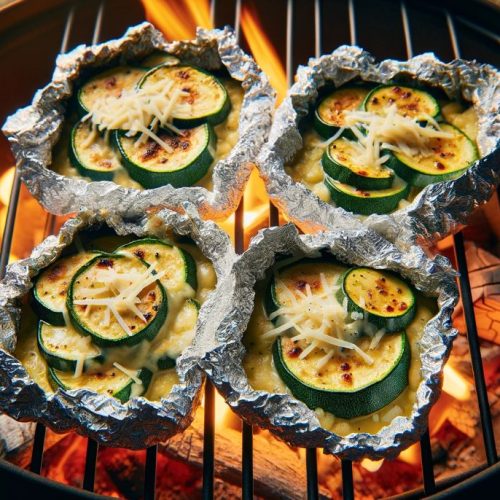 four foil packets on a campfire grill containing Zucchini Parmesan