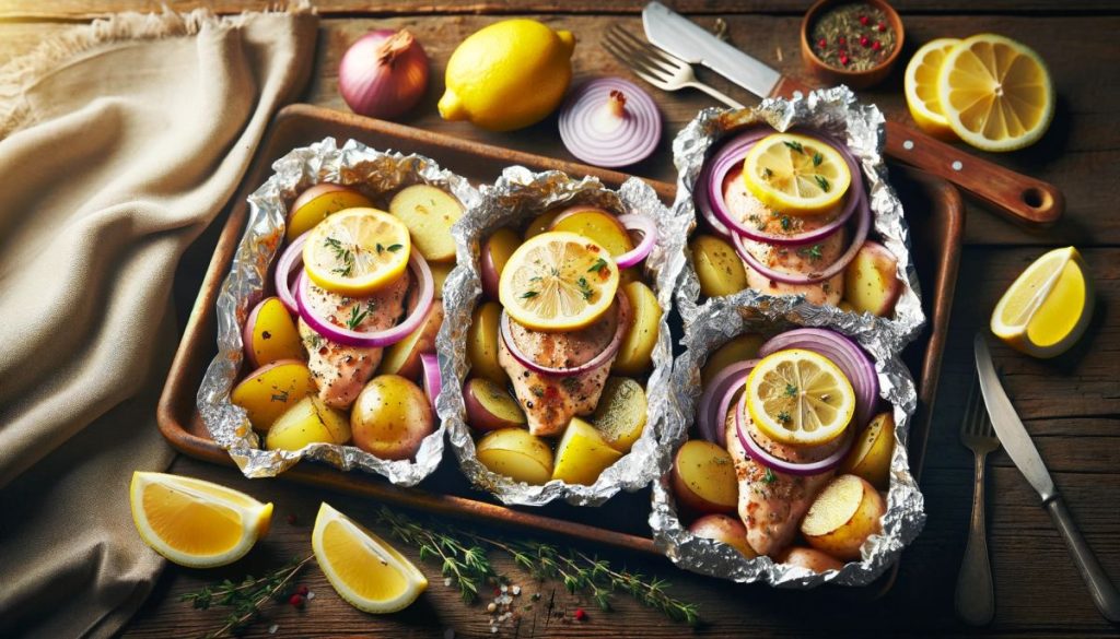 four opened aluminum foil packets of lemon chicken and potatoes recipe
