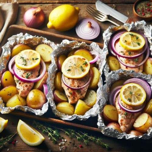 four opened aluminum foil packets of lemon chicken and potatoes recipe