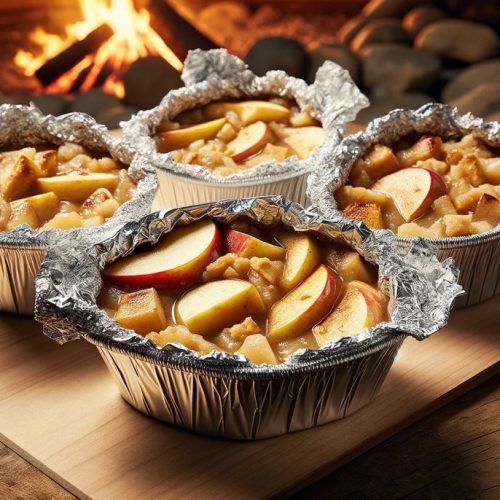 four servings of campfire apple crisp, each wrapped in aluminum foil