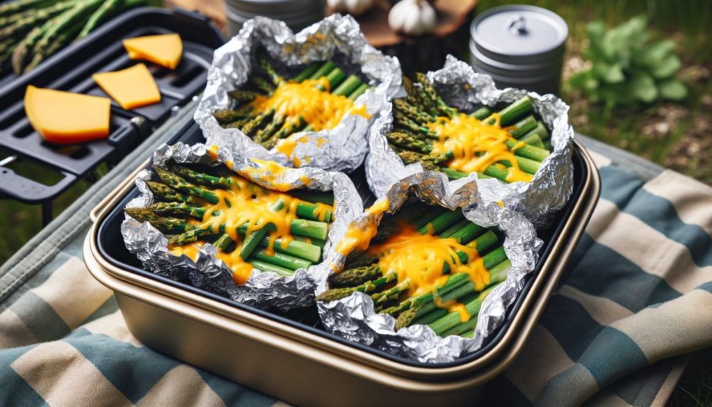 four servings of the Cheesy Asparagus Foil Packet Recipe, each neatly wrapped in aluminum foil