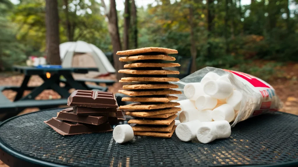 chocolate bars, graham crackers, bag of marshmallows for classic smores camping dessert