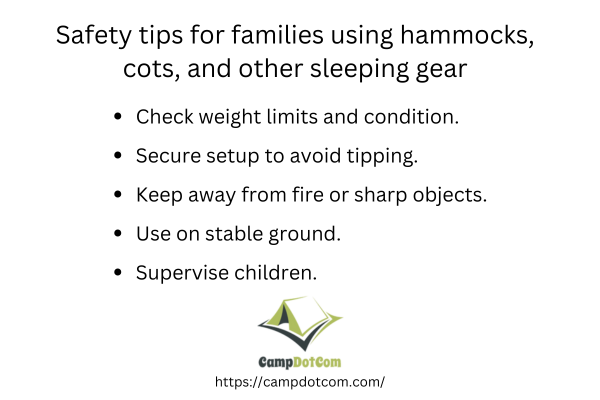 safety tips for families using hammocks, cots, other sleeping gear