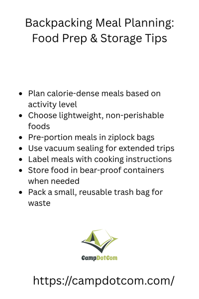 backpacking meal planning food prep & storage tips bullet points
