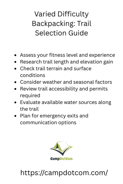 varied difficulty backpacking trail selection guide with bullets